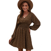 Polka Print Long Sleeve V Neck Lantern Pleated Waist Slim A-line Mini Dress